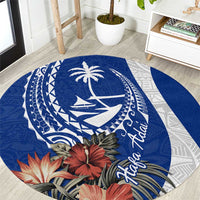 Blue Guam Hafa Adai Round Carpet Tropical Flowers with Polynesian Pattern