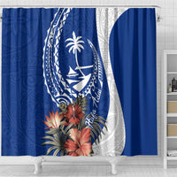 Blue Guam Hafa Adai Shower Curtain Tropical Flowers with Polynesian Pattern