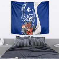 Blue Guam Hafa Adai Tapestry Tropical Flowers with Polynesian Pattern