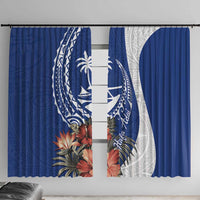 Blue Guam Hafa Adai Window Curtain Tropical Flowers with Polynesian Pattern