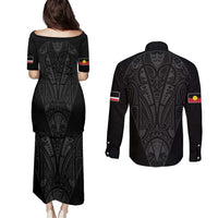 Queensland Maori Rugby Nga Hau e Wha Couples Matching Puletasi and Long Sleeve Button Shirt Black Motif