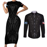 Queensland Maori Rugby Nga Hau e Wha Couples Matching Short Sleeve Bodycon Dress and Long Sleeve Button Shirt Black Motif