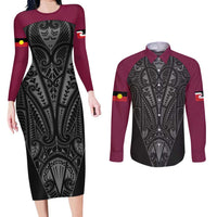 Queensland Maori Rugby Nga Hau e Wha Couples Matching Long Sleeve Bodycon Dress and Long Sleeve Button Shirt Maroon Motif