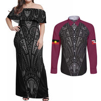 Queensland Maori Rugby Nga Hau e Wha Couples Matching Off Shoulder Maxi Dress and Long Sleeve Button Shirt Maroon Motif