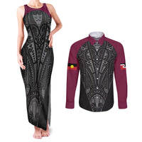 Queensland Maori Rugby Nga Hau e Wha Couples Matching Tank Maxi Dress and Long Sleeve Button Shirt Maroon Motif