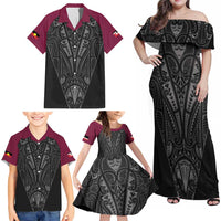 Queensland Maori Rugby Nga Hau e Wha Family Matching Off Shoulder Maxi Dress and Hawaiian Shirt Maroon Motif
