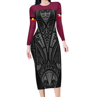 Queensland Maori Rugby Nga Hau e Wha Long Sleeve Bodycon Dress Maroon Motif