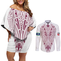 Queensland Maori Rugby Nga Hau e Wha Couples Matching Off Shoulder Short Dress and Long Sleeve Button Shirt White Motif