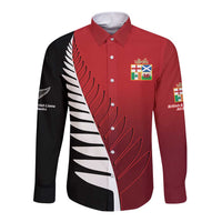 Custom British Lions New Zealand Long Sleeve Button Shirt Half Black Fern LT9 Unisex Red - Polynesian Pride