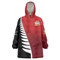 Custom British Lions New Zealand Wearable Blanket Hoodie Half Black Fern LT9 One Size Red - Polynesian Pride