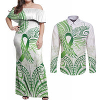 Its Okay Green Ribbon Personalised Couples Matching Off Shoulder Maxi Dress and Long Sleeve Button Shirt Polynesian Depression Awareness LT9 Green - Polynesian Pride