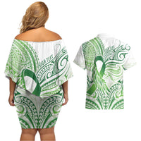 Its Okay Green Ribbon Personalised Couples Matching Off Shoulder Short Dress and Hawaiian Shirt Polynesian Depression Awareness LT9 - Polynesian Pride