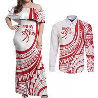Know Your Status Red Ribbon Personalised Couples Matching Off Shoulder Maxi Dress and Long Sleeve Button Shirt Polynesian AIDS Awareness LT9 Red - Polynesian Pride