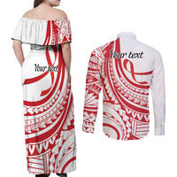 Know Your Status Red Ribbon Personalised Couples Matching Off Shoulder Maxi Dress and Long Sleeve Button Shirt Polynesian AIDS Awareness LT9 - Polynesian Pride