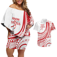 Know Your Status Red Ribbon Personalised Couples Matching Off Shoulder Short Dress and Hawaiian Shirt Polynesian AIDS Awareness LT9 Red - Polynesian Pride