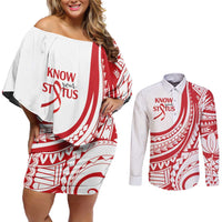 Know Your Status Red Ribbon Personalised Couples Matching Off Shoulder Short Dress and Long Sleeve Button Shirt Polynesian AIDS Awareness LT9 Red - Polynesian Pride