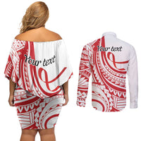 Know Your Status Red Ribbon Personalised Couples Matching Off Shoulder Short Dress and Long Sleeve Button Shirt Polynesian AIDS Awareness LT9 - Polynesian Pride