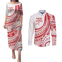 Know Your Status Red Ribbon Personalised Couples Matching Puletasi and Long Sleeve Button Shirt Polynesian AIDS Awareness LT9 Red - Polynesian Pride