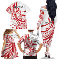 Know Your Status Red Ribbon Personalised Family Matching Off The Shoulder Long Sleeve Dress and Hawaiian Shirt Polynesian AIDS Awareness
