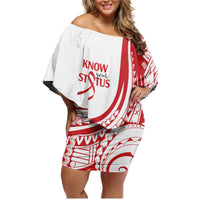 Know Your Status Red Ribbon Personalised Family Matching Off Shoulder Short Dress and Hawaiian Shirt Polynesian AIDS Awareness LT9 Mom's Dress Red - Polynesian Pride