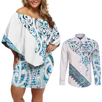 Kahui Whetu Paua shell Kowhaiwhai Taniko Personalised Couples Matching Off Shoulder Short Dress and Long Sleeve Button Shirt Manta Ray Shark-Turtle Maori Tribal Style