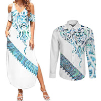 Kahui Whetu Paua shell Kowhaiwhai Taniko Personalised Couples Matching Summer Maxi Dress and Long Sleeve Button Shirt Manta Ray Shark-Turtle Maori Tribal Style