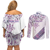 Mawhero Paua shell Kowhaiwhai Taniko Personalised Couples Matching Off Shoulder Short Dress and Long Sleeve Button Shirt Manta Ray Shark-Turtle Maori Tribal Style