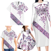 Mawhero Paua shell Kowhaiwhai Taniko Personalised Family Matching Long Sleeve Bodycon Dress and Hawaiian Shirt Manta Ray Shark-Turtle Maori Tribal Style