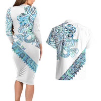 Kahui Whetu Paua shell Kowhaiwhai Taniko Personalised Couples Matching Long Sleeve Bodycon Dress and Hawaiian Shirt Taniwha Maori Tribal Style