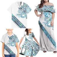Kahui Whetu Paua shell Kowhaiwhai Taniko Personalised Family Matching Off Shoulder Maxi Dress and Hawaiian Shirt Taniwha Maori Tribal Style