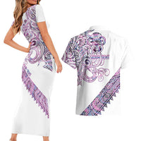 Mawhero Paua shell Kowhaiwhai Taniko Personalised Couples Matching Short Sleeve Bodycon Dress and Hawaiian Shirt Taniwha Maori Tribal Style