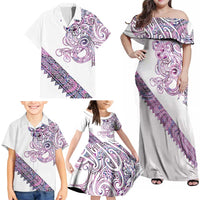 Mawhero Paua shell Kowhaiwhai Taniko Personalised Family Matching Off Shoulder Maxi Dress and Hawaiian Shirt Taniwha Maori Tribal Style