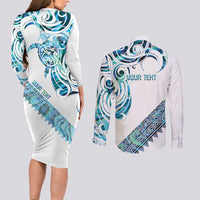 Kahui Whetu Paua shell Kowhaiwhai Taniko Personalised Couples Matching Long Sleeve Bodycon Dress and Long Sleeve Button Shirt Turtle Tattoo Maori Tribal Style