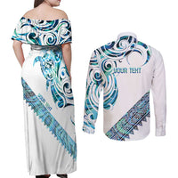 Kahui Whetu Paua shell Kowhaiwhai Taniko Personalised Couples Matching Off Shoulder Maxi Dress and Long Sleeve Button Shirt Turtle Tattoo Maori Tribal Style