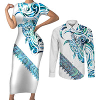 Kahui Whetu Paua shell Kowhaiwhai Taniko Personalised Couples Matching Short Sleeve Bodycon Dress and Long Sleeve Button Shirt Turtle Tattoo Maori Tribal Style