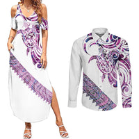 Mawhero Paua shell Kowhaiwhai Taniko Personalised Couples Matching Summer Maxi Dress and Long Sleeve Button Shirt Turtle Tattoo Maori Tribal Style