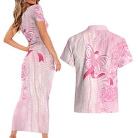 Breast Cancer Awareness Couples Matching Short Sleeve Bodycon Dress and Hawaiian Shirt Maile Pikake Lokelani Crown Flower Lei Inspired