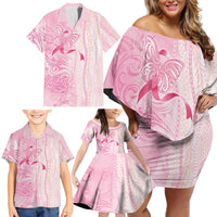 Breast Cancer Awareness Family Matching Off Shoulder Short Dress and Hawaiian Shirt Maile Pikake Lokelani Crown Flower Lei Inspired