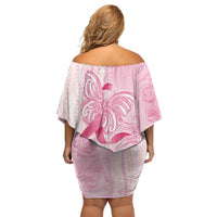Breast Cancer Awareness Family Matching Off Shoulder Short Dress and Hawaiian Shirt Maile Pikake Lokelani Crown Flower Lei Inspired
