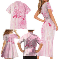 Breast Cancer Awareness Family Matching Short Sleeve Bodycon Dress and Hawaiian Shirt Maile Pikake Lokelani Crown Flower Lei Inspired