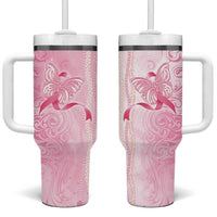 Breast Cancer Awareness Tumbler With Handle Maile Pikake Lokelani Crown Flower Lei Inspired