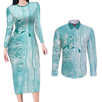 PTSD Awareness Couples Matching Long Sleeve Bodycon Dress and Long Sleeve Button Shirt Maile Pikake Lokelani Crown Flower Lei Inspired