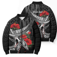 Hawaiian Honu Personalized Bomber Puffer Jacket Black Tribal Hook Pattern LT9 - Polynesian Pride