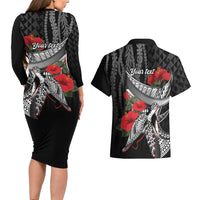 Hawaiian Honu Personalized Couples Matching Long Sleeve Bodycon Dress and Hawaiian Shirt Black Tribal Hook Pattern LT9 - Polynesian Pride