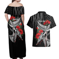 Hawaiian Honu Personalized Couples Matching Off Shoulder Maxi Dress and Hawaiian Shirt Black Tribal Hook Pattern LT9 - Polynesian Pride