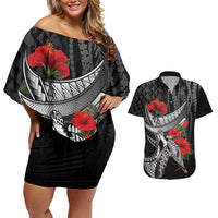 Hawaiian Honu Personalized Couples Matching Off Shoulder Short Dress and Hawaiian Shirt Black Tribal Hook Pattern