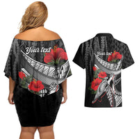 Hawaiian Honu Personalized Couples Matching Off Shoulder Short Dress and Hawaiian Shirt Black Tribal Hook Pattern