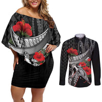 Hawaiian Honu Personalized Couples Matching Off Shoulder Short Dress and Long Sleeve Button Shirt Black Tribal Hook Pattern LT9 Black - Polynesian Pride