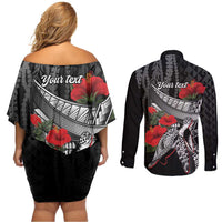 Hawaiian Honu Personalized Couples Matching Off Shoulder Short Dress and Long Sleeve Button Shirt Black Tribal Hook Pattern LT9 - Polynesian Pride