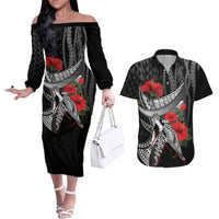 Hawaiian Honu Personalized Couples Matching Off The Shoulder Long Sleeve Dress and Hawaiian Shirt Black Tribal Hook Pattern LT9 Black - Polynesian Pride